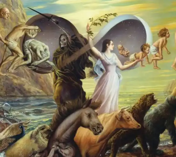 Középen a halál, és jönnek az emberek és az állatok, meghalnak, majd újra születnek a reinkarnáció körforgásában, középen egy végtelen jel szimbolizálja ezt a soha meg nem szakadó körforgást.