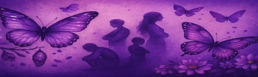 lila pillangók és emberek sziluettjei, a gyönyörű közös tudatban, ami ibolya színben vibrál, pillangókkal, bábokkal, az átalakulást és a megújulást szimbólizálva